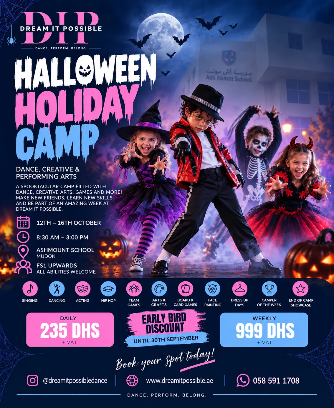 Halloween Holiday Camp poster with costumed children dancing